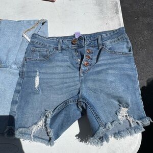 Distressed Button-Fly Denim Shorts - Light Blue